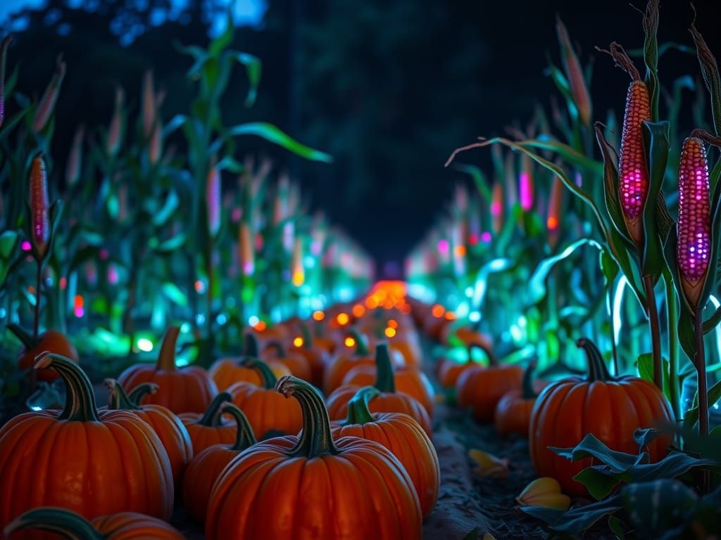 In a magic magical fantasy world, a gorgeous view of a pumpkin patch that transitions into a lovely corn field, ready for the Autumn Harvest...