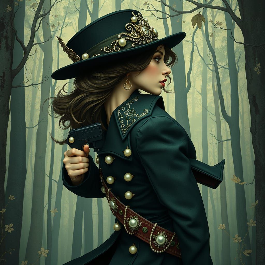 PROFILE Secretive thief, RUNNING POSE, pearl bejeweled Forest, intricate art nouveau, Bella Kotak, James