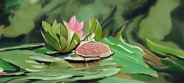 Floating water lilies with their soft lilac leaves and yello...