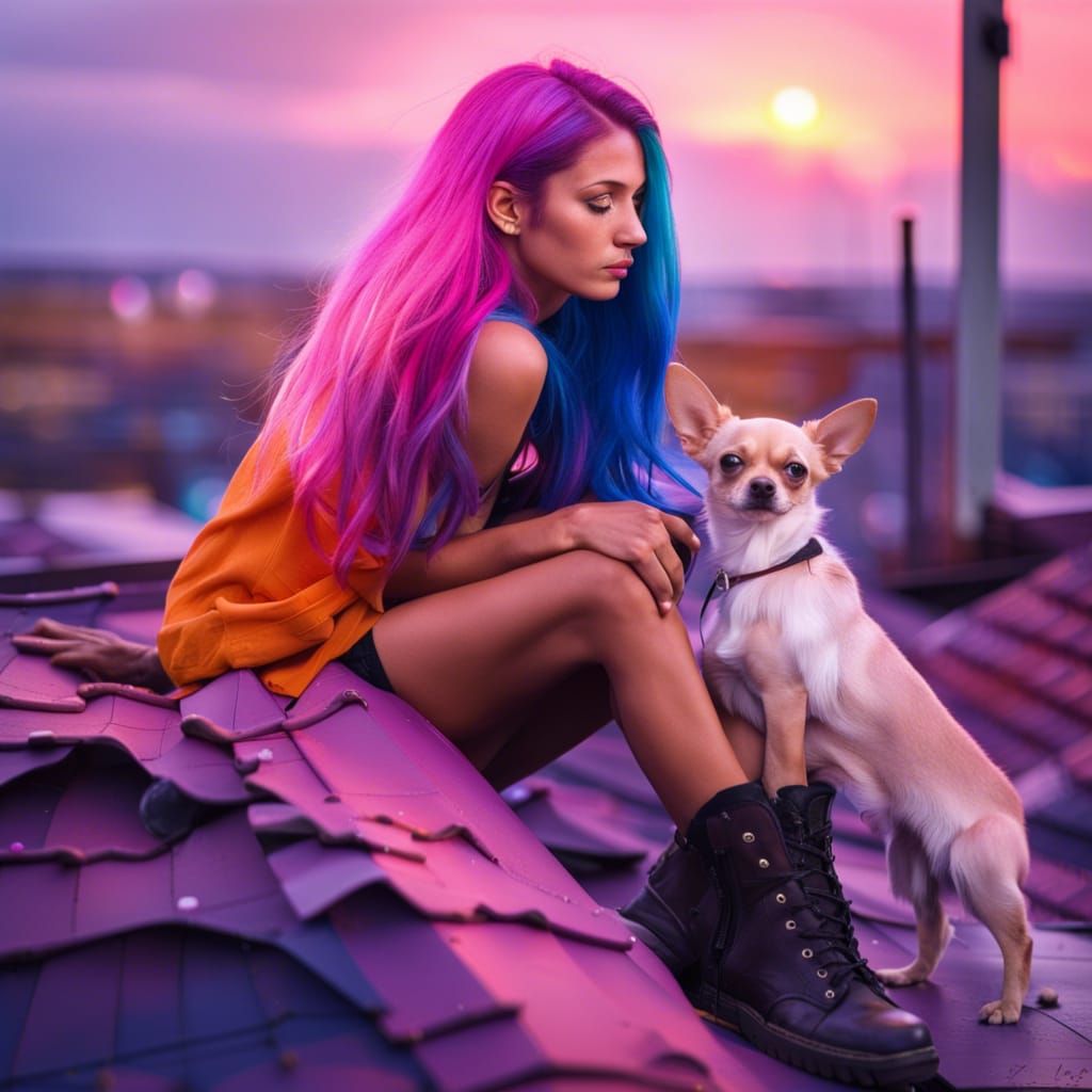 very young woman, extreme long blue purple pink coloured hair, very big ...