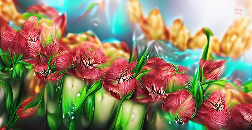 Row of Wet Mini Tulips