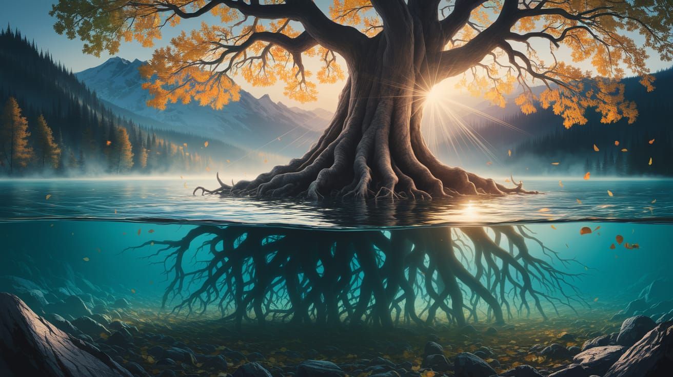 old oak tree in the turquoise lake