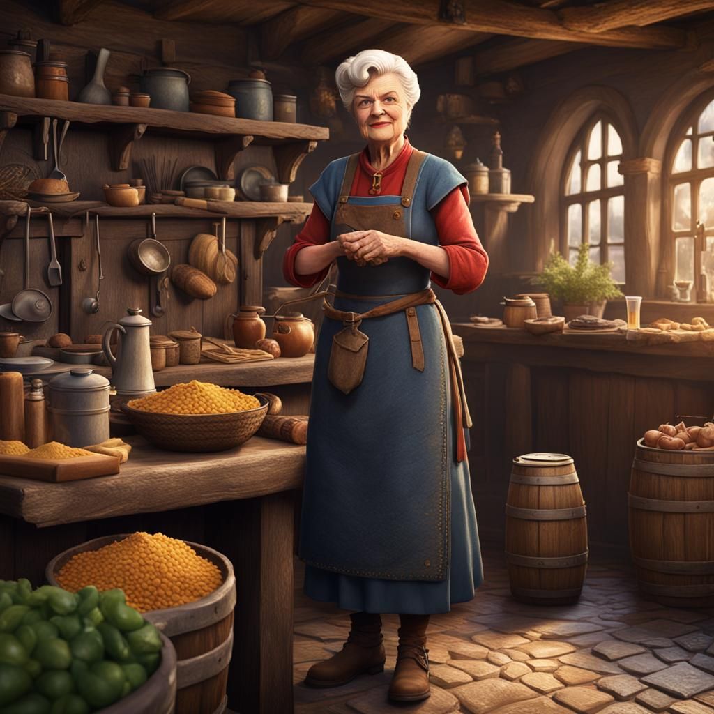 Angela Lansbury as a tavern cook, medieval fantasy, tavern c...
