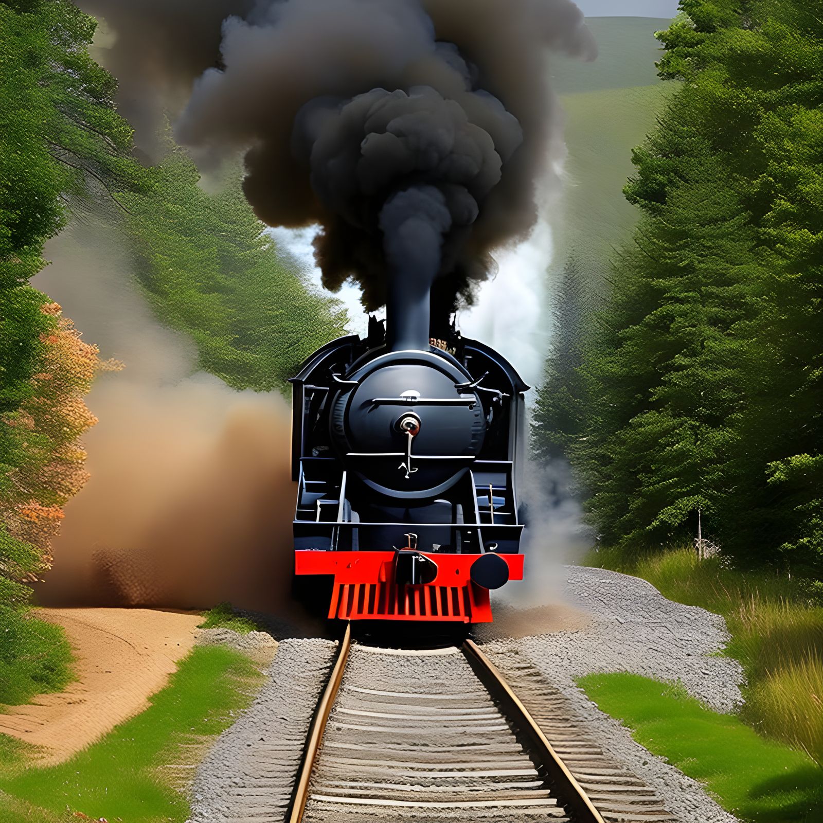 photo realistic view of steam train exit a tunnel of smoke 5...