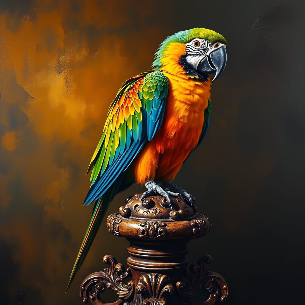 A majestic pet parrot with colorful feathers on an antique wooden perch, painted in a thickly textured ...  by @BINA