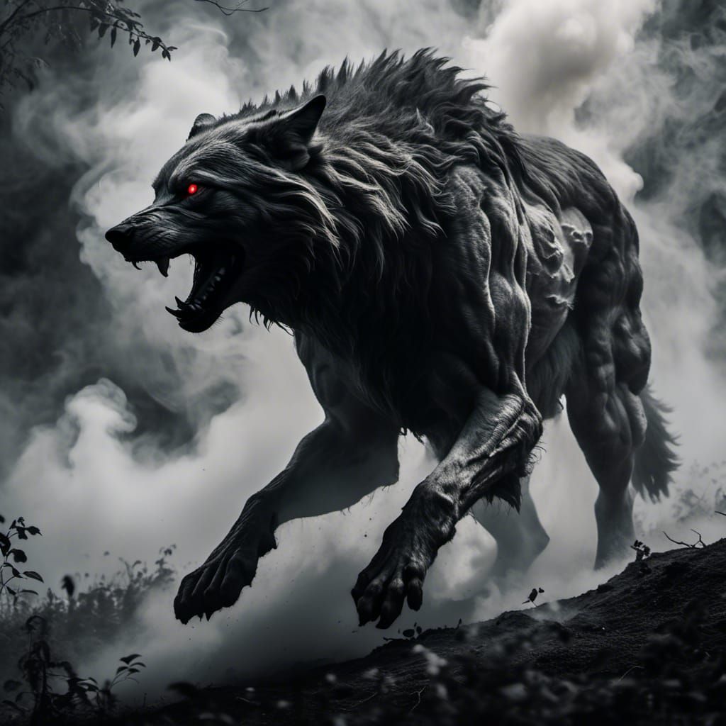 Monochrome Wolf Emerges from Mist in Cinematic Photo