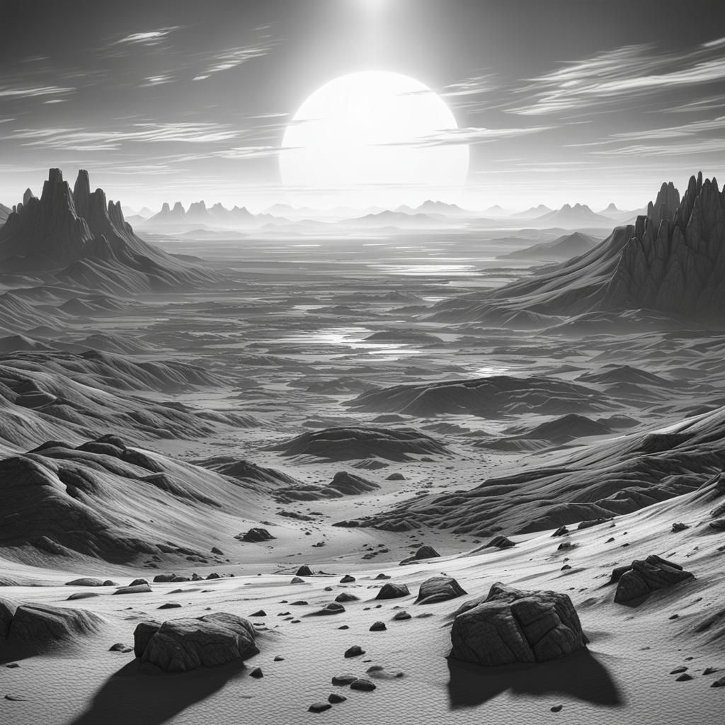 Flat desolate featureless horizon bright sun black and white...