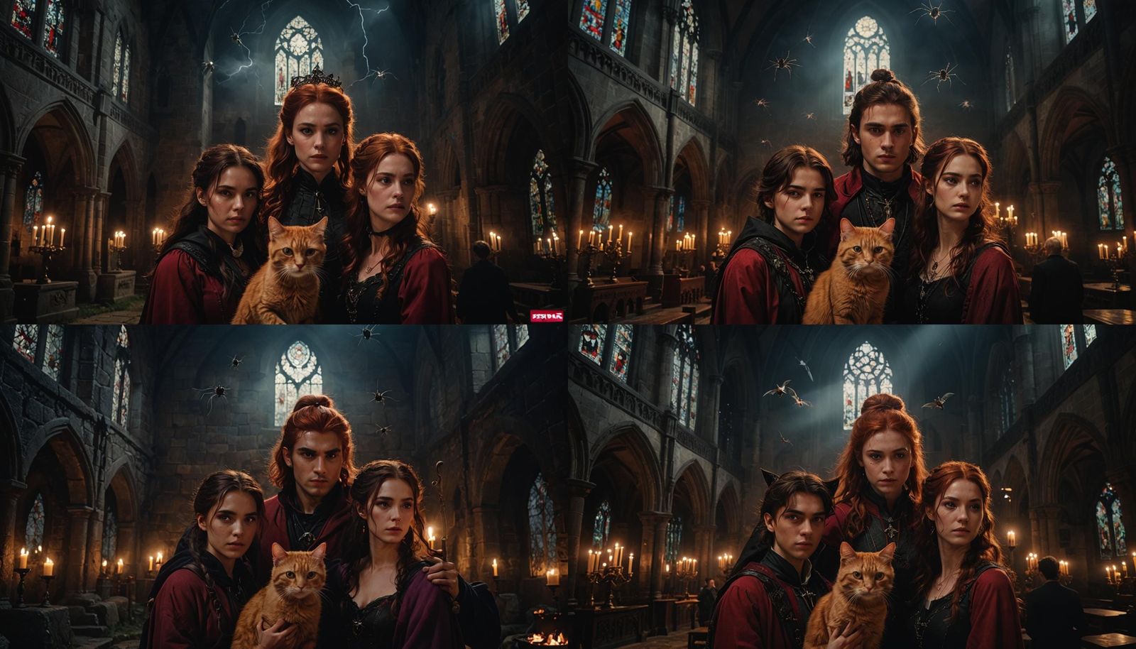 In gloomy gothic church full of spiders and strikes of lightning in the