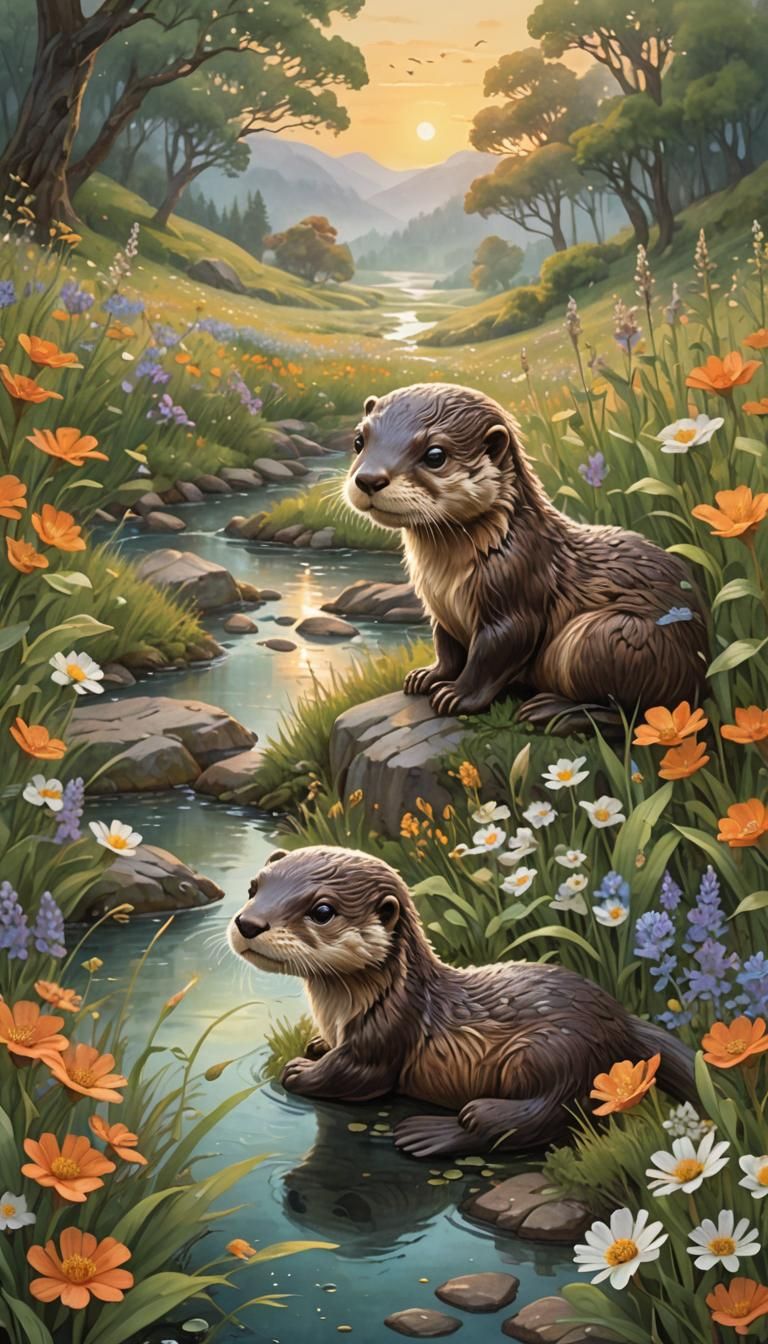 A cute baby otter in a fantasy, Shire like landscape, at sunrise. Happy ...