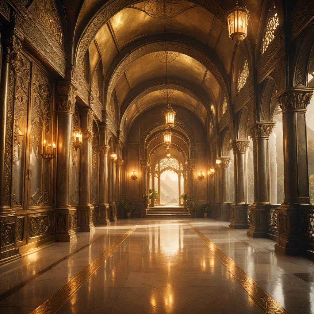 High fantasy epic masterfully build elven hallway, golden, scenic elven interior, high detail, high quality, detailed matte painting, deep c...