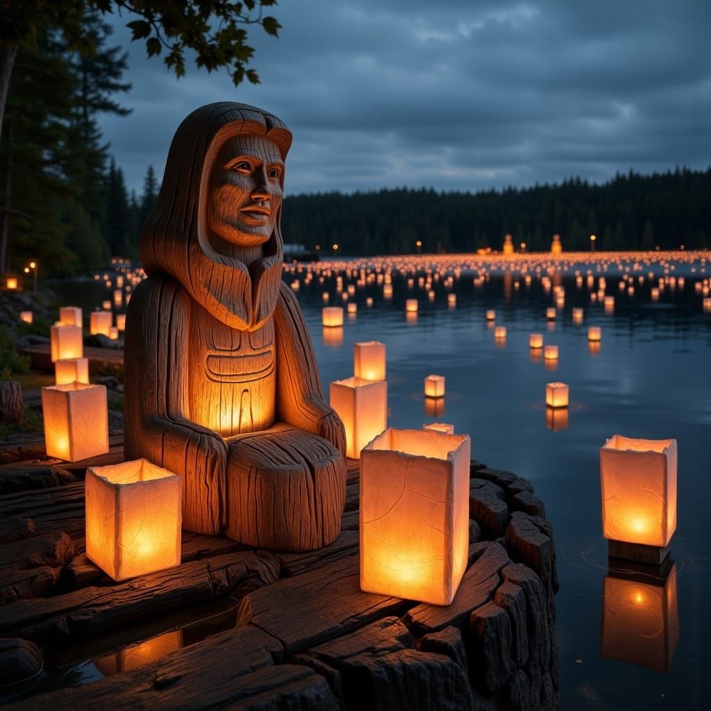 <lora:PacificNW FL:1.0>Friends lighting lanterns by a lakeside at dusk, the glowing orbs floating into the sky as laughter echoes across th...