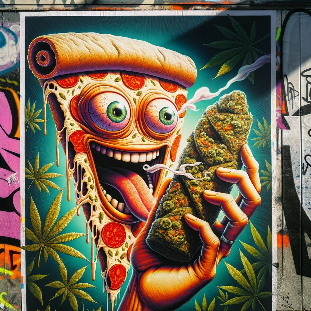 Animated Pizza Slice in Surreal Street Art Poster