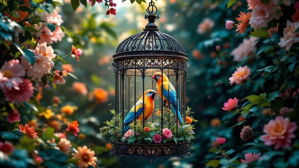 Concept art. Mid shot. A Victorian garden holds a large ornate bird cage containing two exotic birds. ...  by @Forsakenly Departed