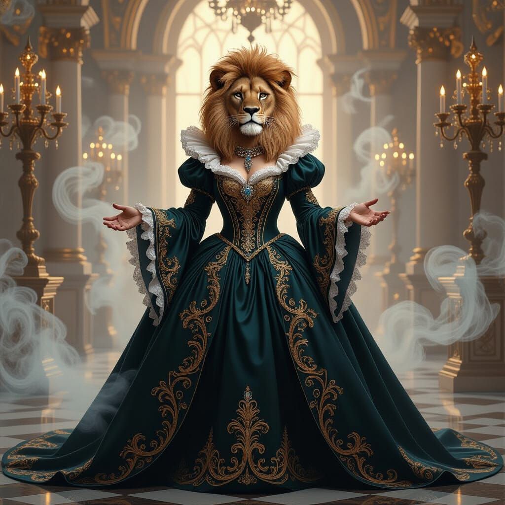 Anthropomorphic Lioness in Ornate Gown