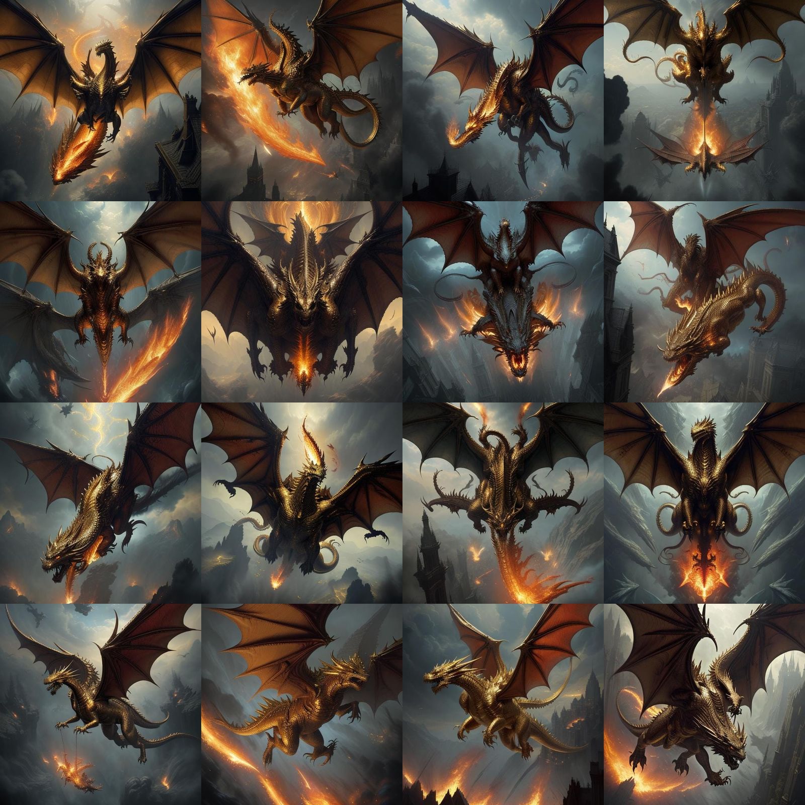 Enormous gold Dragon, flying, breathing fire, in tight flying formation
