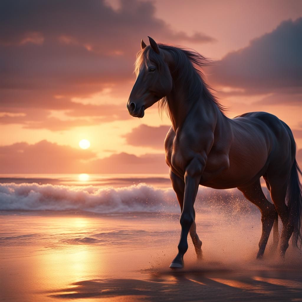 Horse on the beach in the sunset