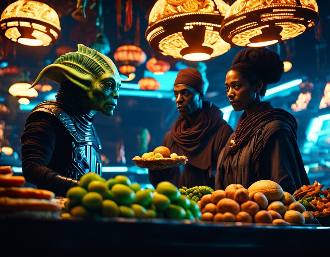 Film still, Star Wars style, alien marketplace, crowded bazaar, desert planet, dusty air, sandstone buildings, ...  by @CB