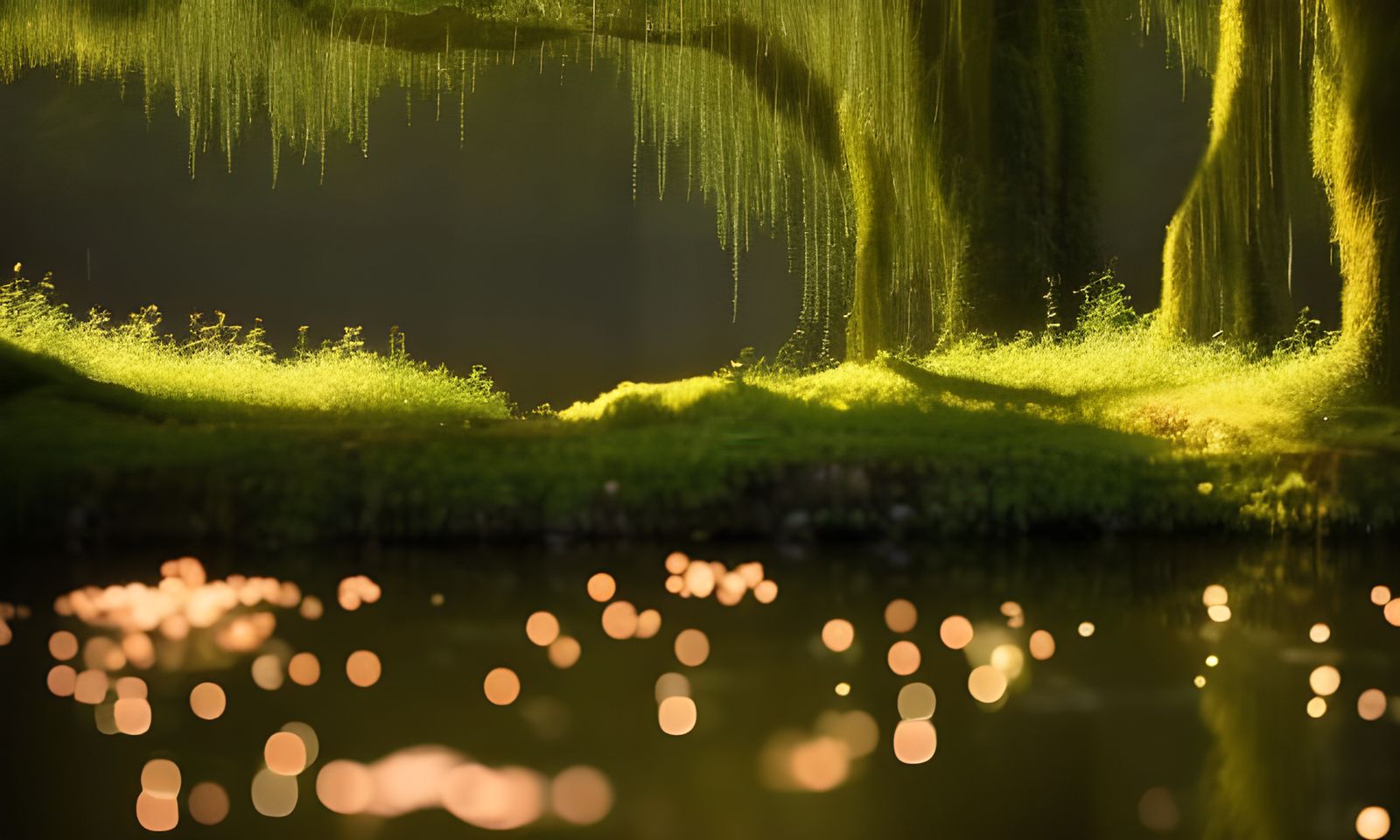 enchanted forest grove, fireflies, moss, ivy, roses, weeping...