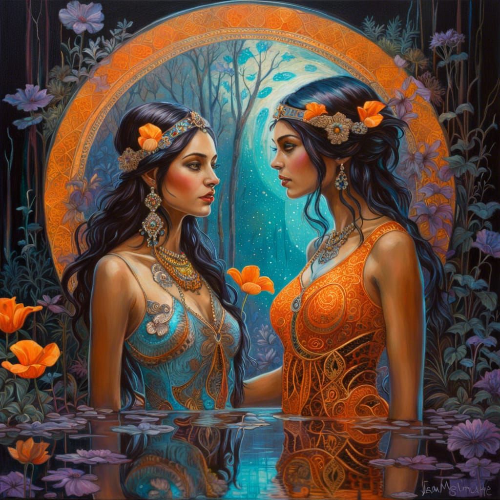 Bioluminescent Moon Goddess in Mirrored Forest, Dark Fantasy