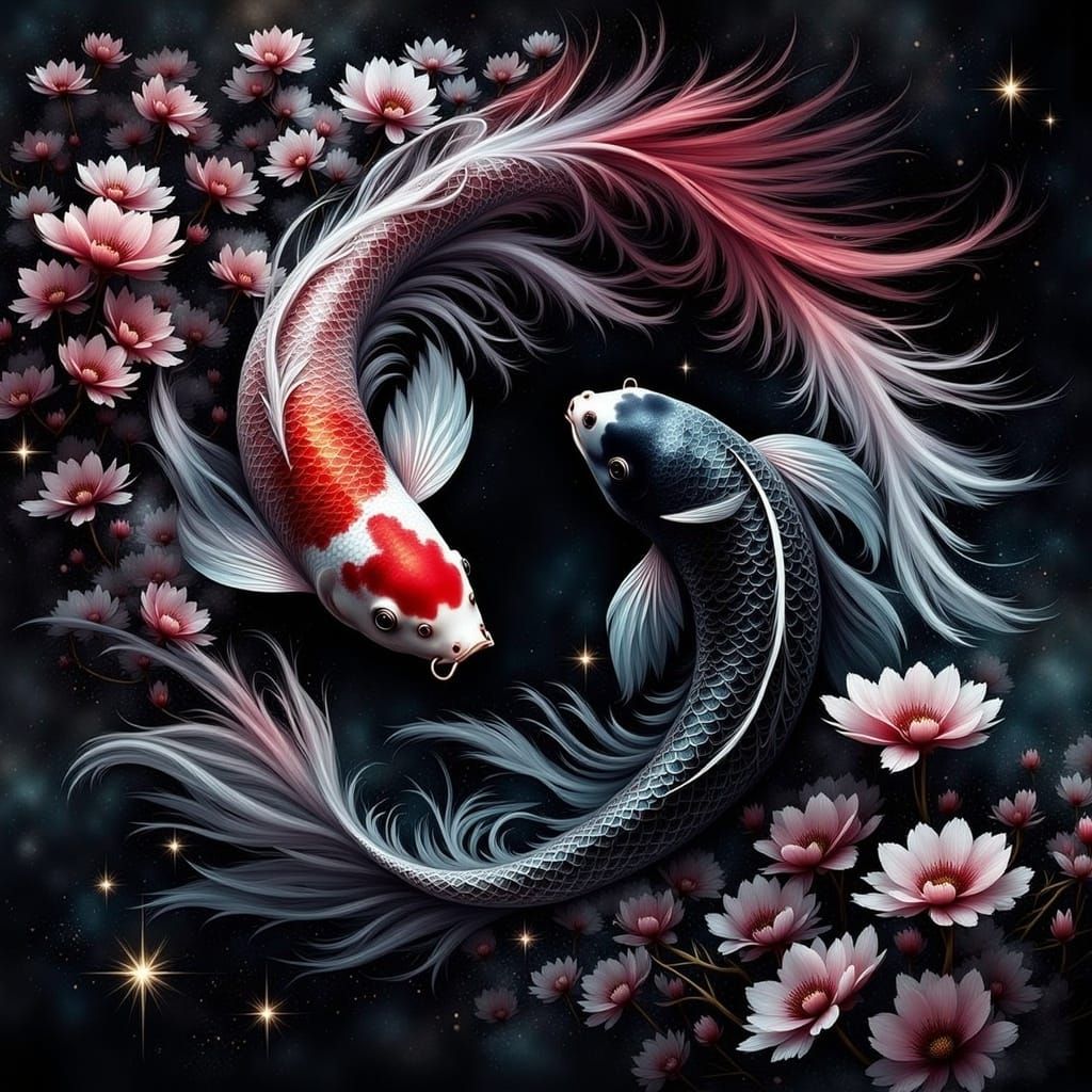 A digital artwork depicting two koi fish, one red and the other black with silver scales, swirling around each other amidst an array of pink...