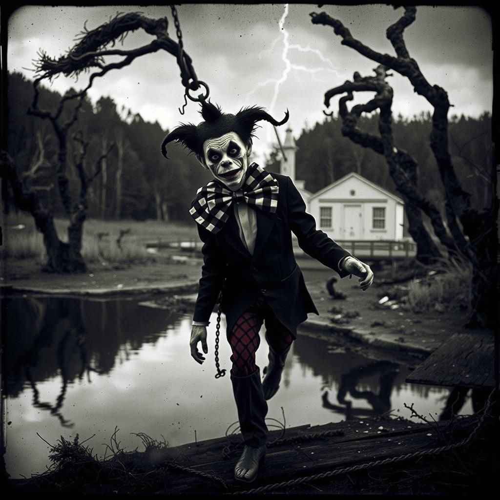 Undead Monkey Clown Swings on Pier in Storm