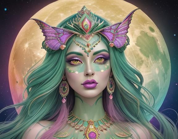 beautiful pretty face queen human goddess green Luner Indian moon moth ...