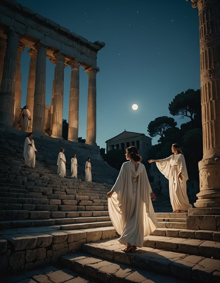 Envision an ancient Greek temple situated at the base of a r...
