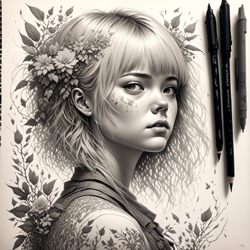 in style of <lora:GraphiteMix:1.0>, A highly detailed graphite portrait of a girl with short blonde hair and bangs. Her long hair cascades d...