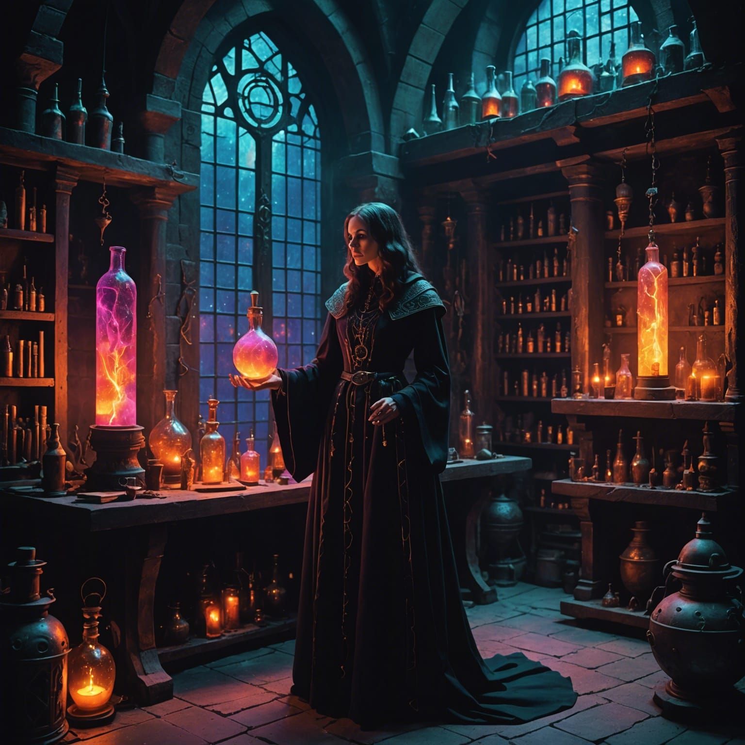 secluded alchemy lab, medieval tower, dusty scrolls, neon lava lamp ...