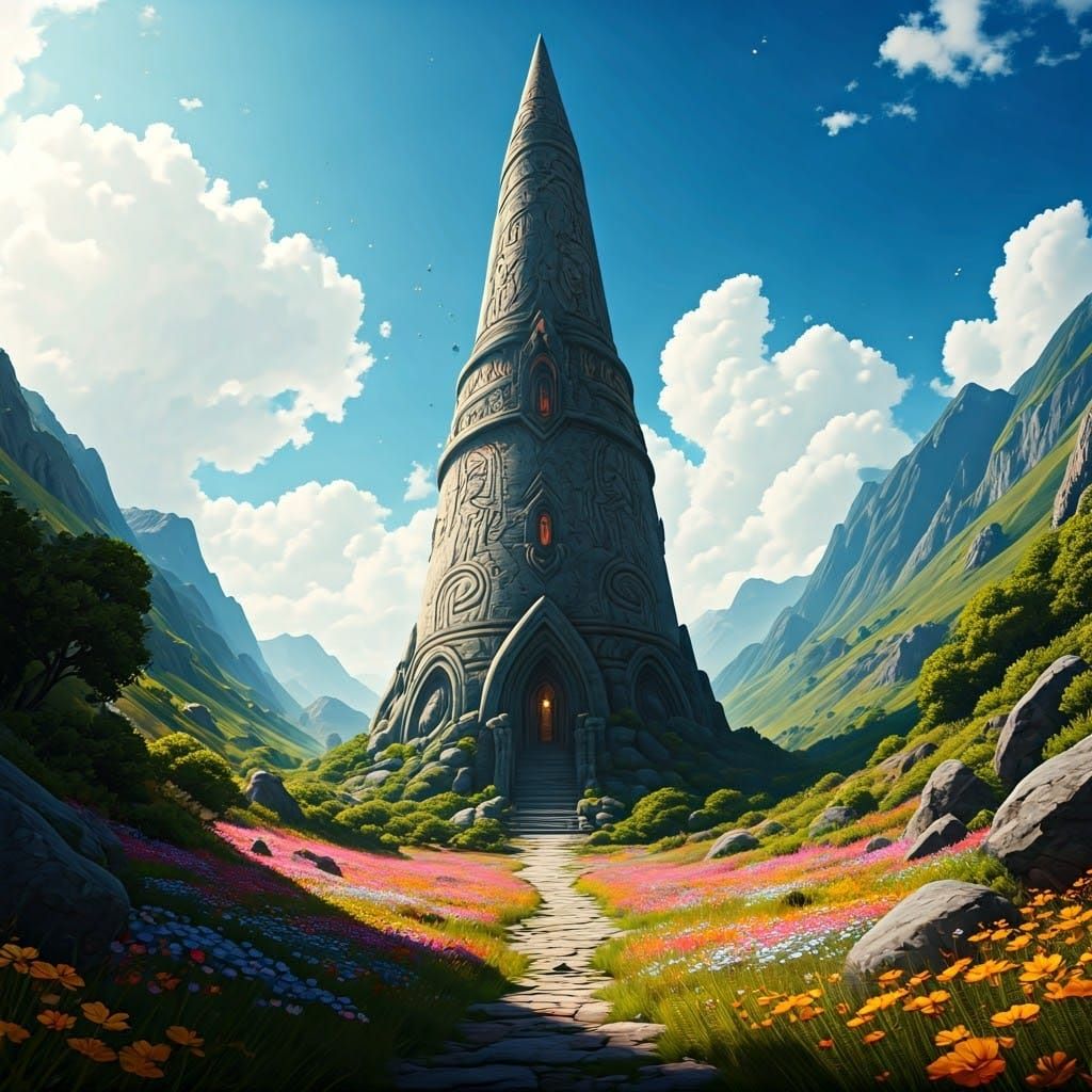 Castle Spire Amidst Vibrant Wildflower Valley