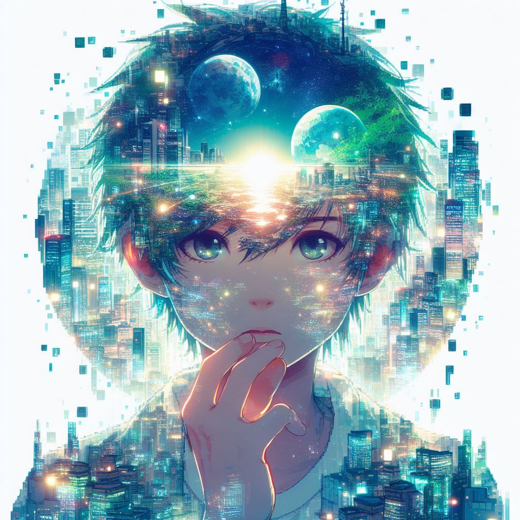 A young boy inside a pixel art world