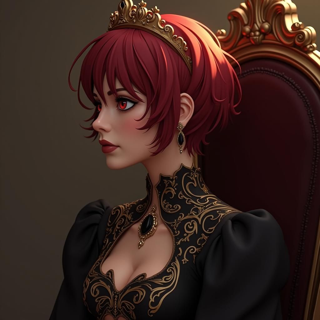 Retrato de perfil de una reina ominosa, de cabello rubio, vestimentas