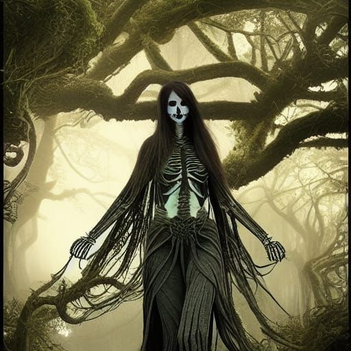 beautiful skeleton witch overgrown in lianas