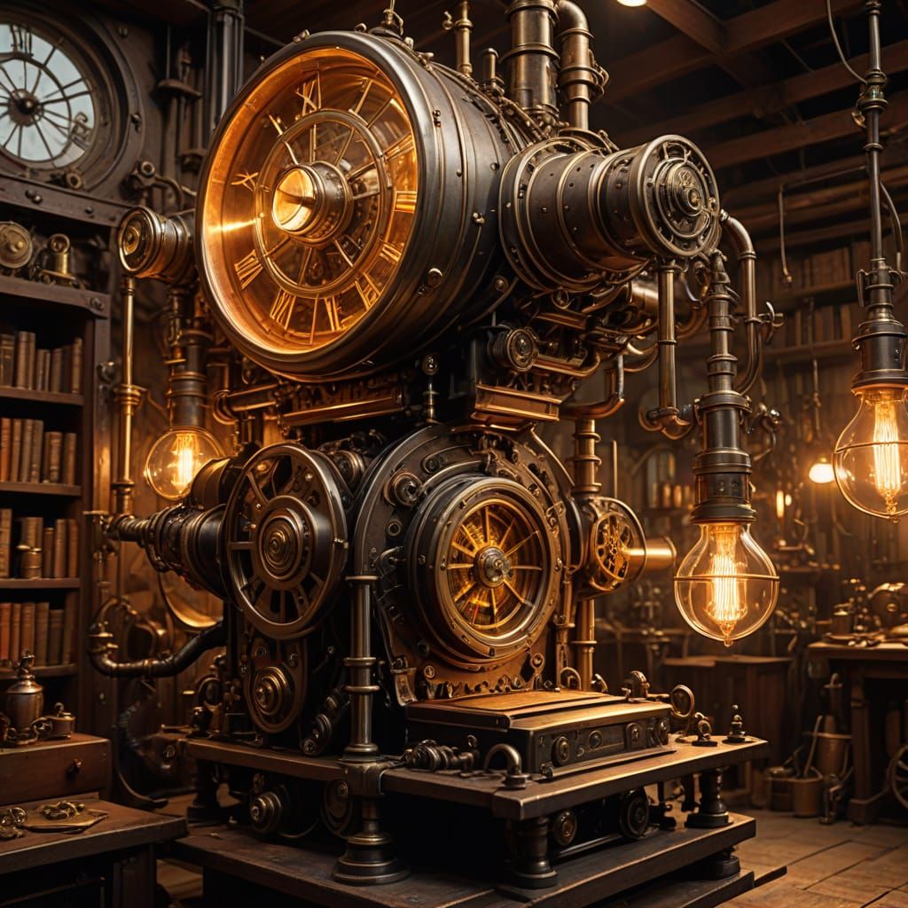 Steampunk Inventor's Workshop in Industrial Art Nouveau Styl...