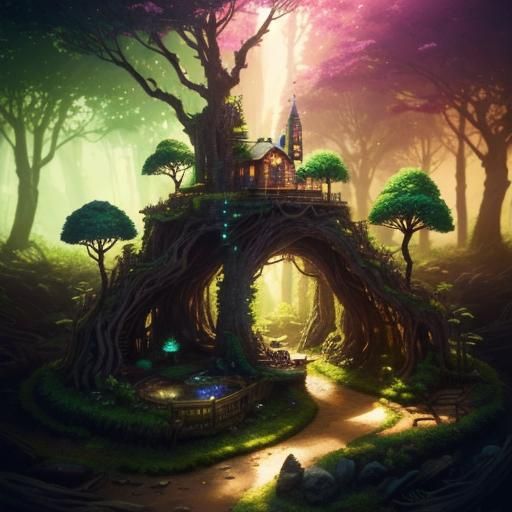 An urban sketch of an enchanted forest where sentient plants subtly communicate, filled with mystical creatures and soft whisper-like breeze...