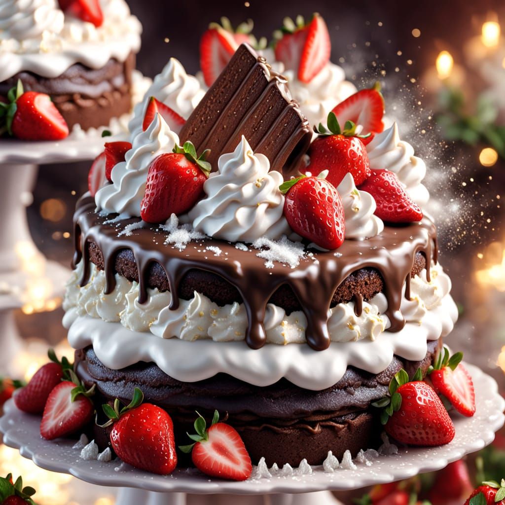 triple tier chocolate cake with whipped cream and strawberries  by @Merumeru Meru