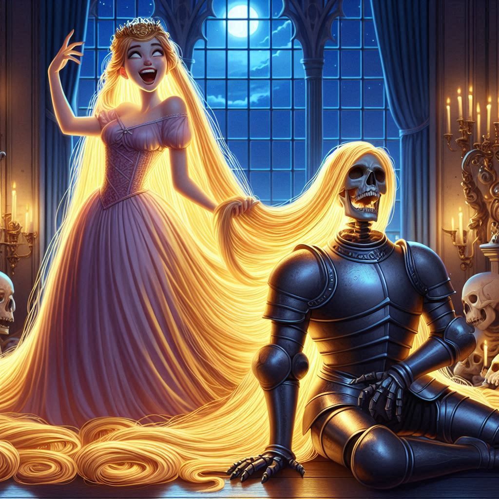 Evil rapunzel using her magic hair to drain life from knight for eternal youth