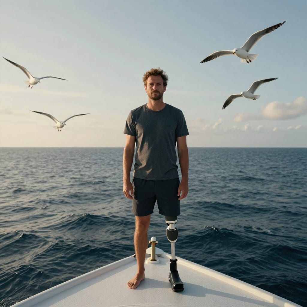 Resilient Man Stands Prosthesis-Free on Boat Amidst Ocean