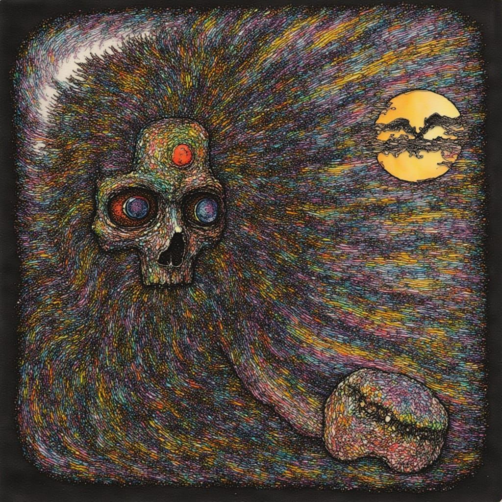 <lora:fantasy:1.0> <lora:alcoholink:1.0>  Recursive head devouring its reflection amid glitch static