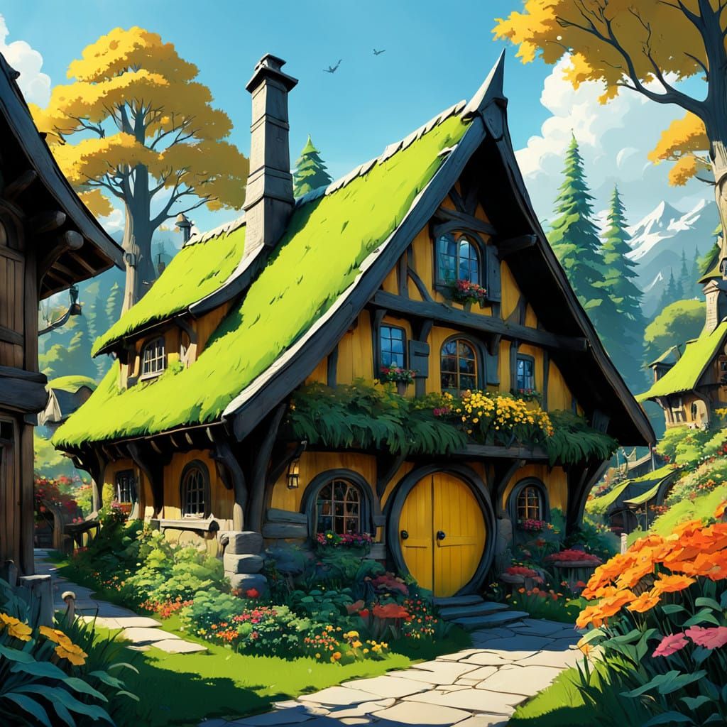 Hyper realistic wooden village of cute hobbit houses surrounded by a yellow, and green leafed forrest. Even a hobbit supermarket. Pop art co...