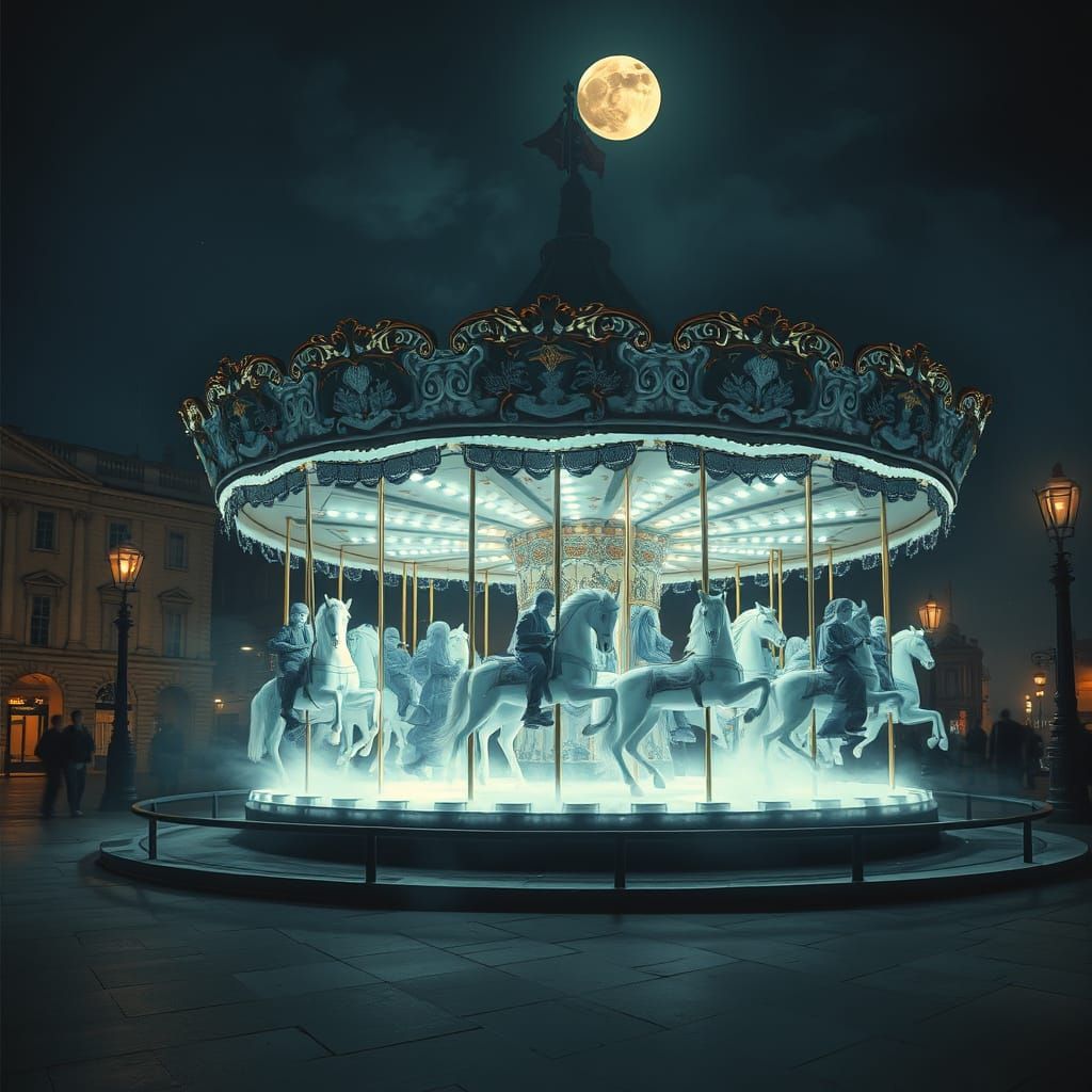 Ghostly wispy transparent and translucent Victorian Carousel with ghostly Victorian children riding the ...  by @undefined