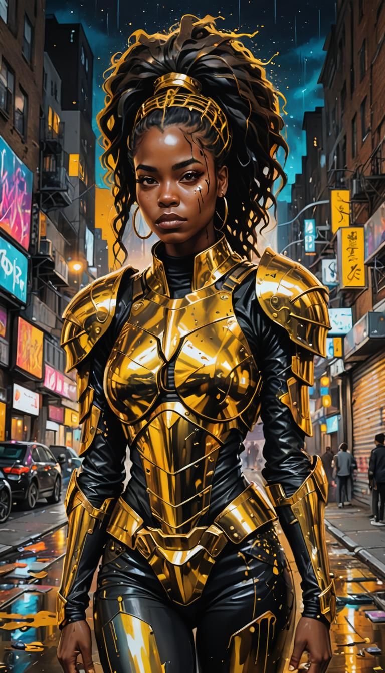 Black woman, straight hair, with golden armor, in the middle...
