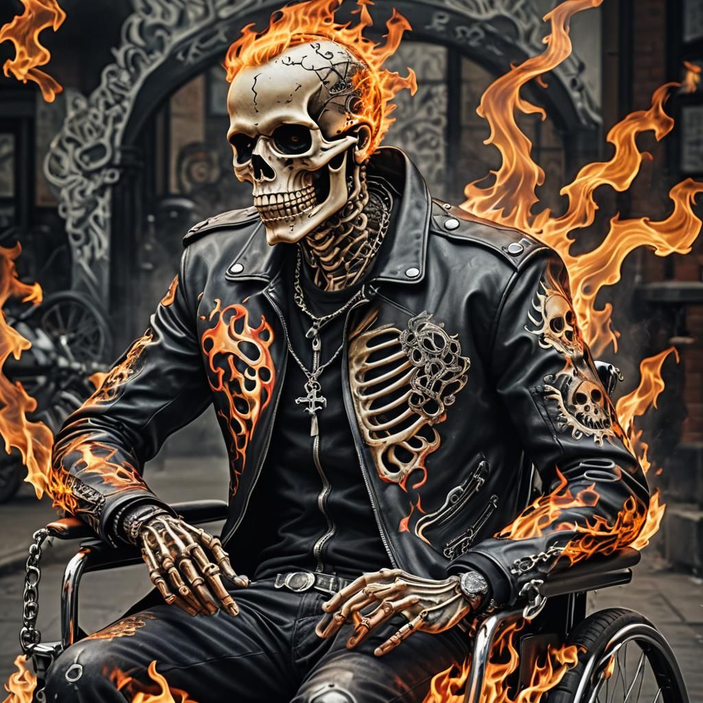 ghost drive skeleton black leather jacket in flames sitting ...