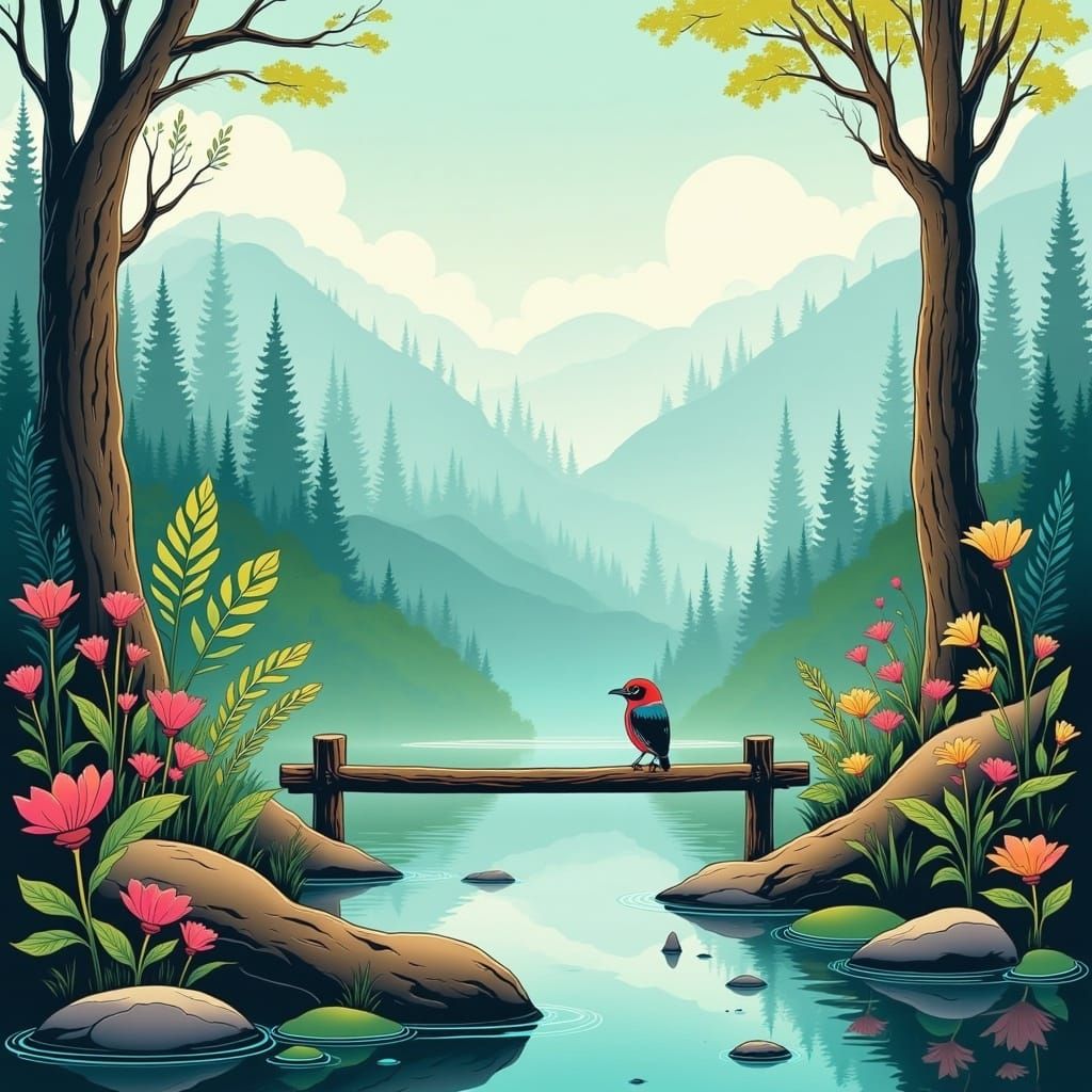 <lora:sMOkey Flux:1.0> A bird on a fence, alpine forest summer paradise, extreme attention to detail, correct anatomy, polished