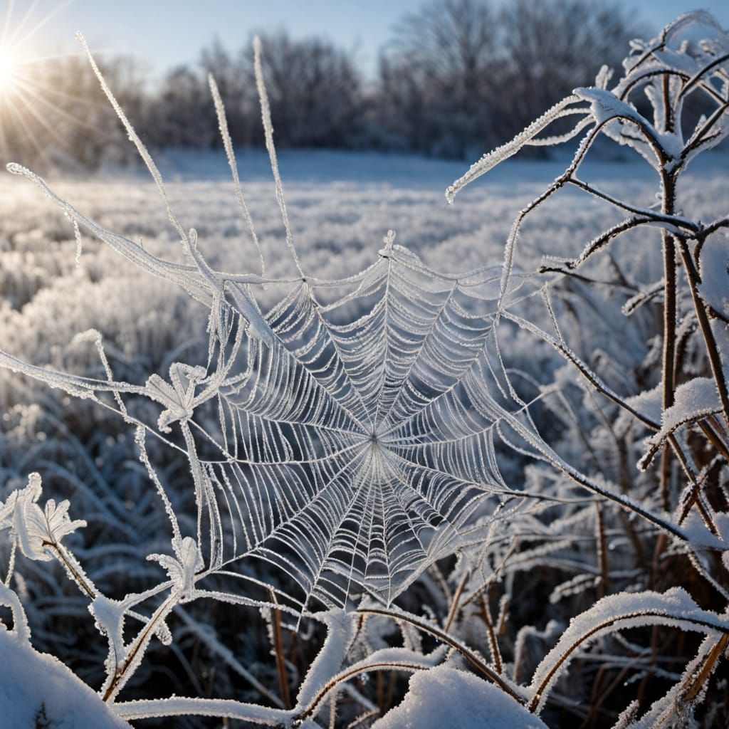 dark ice-fairy casting hoar frost onto weeds and spiderweb