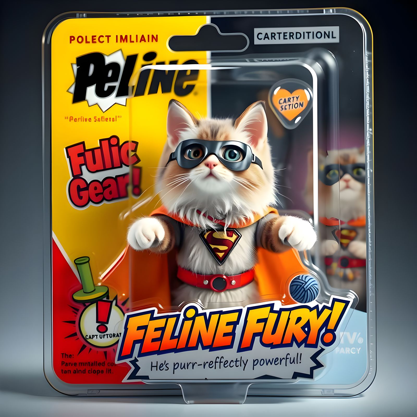 A silly superhero action figure in a plastic blister pack, featuring a cute fluffy adorable cat.   by @Asian Women