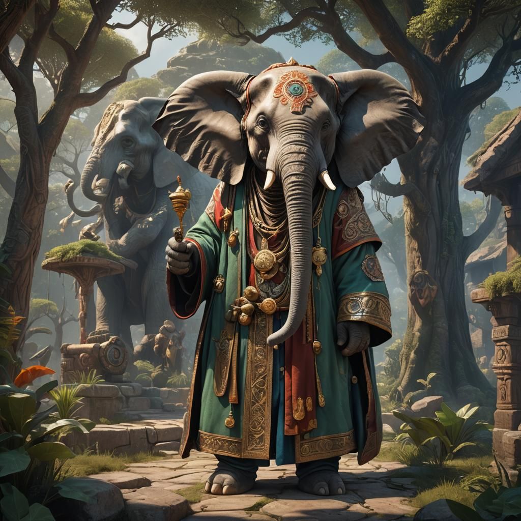 Doc Thought, an elephant who never forgets anything, wearing...