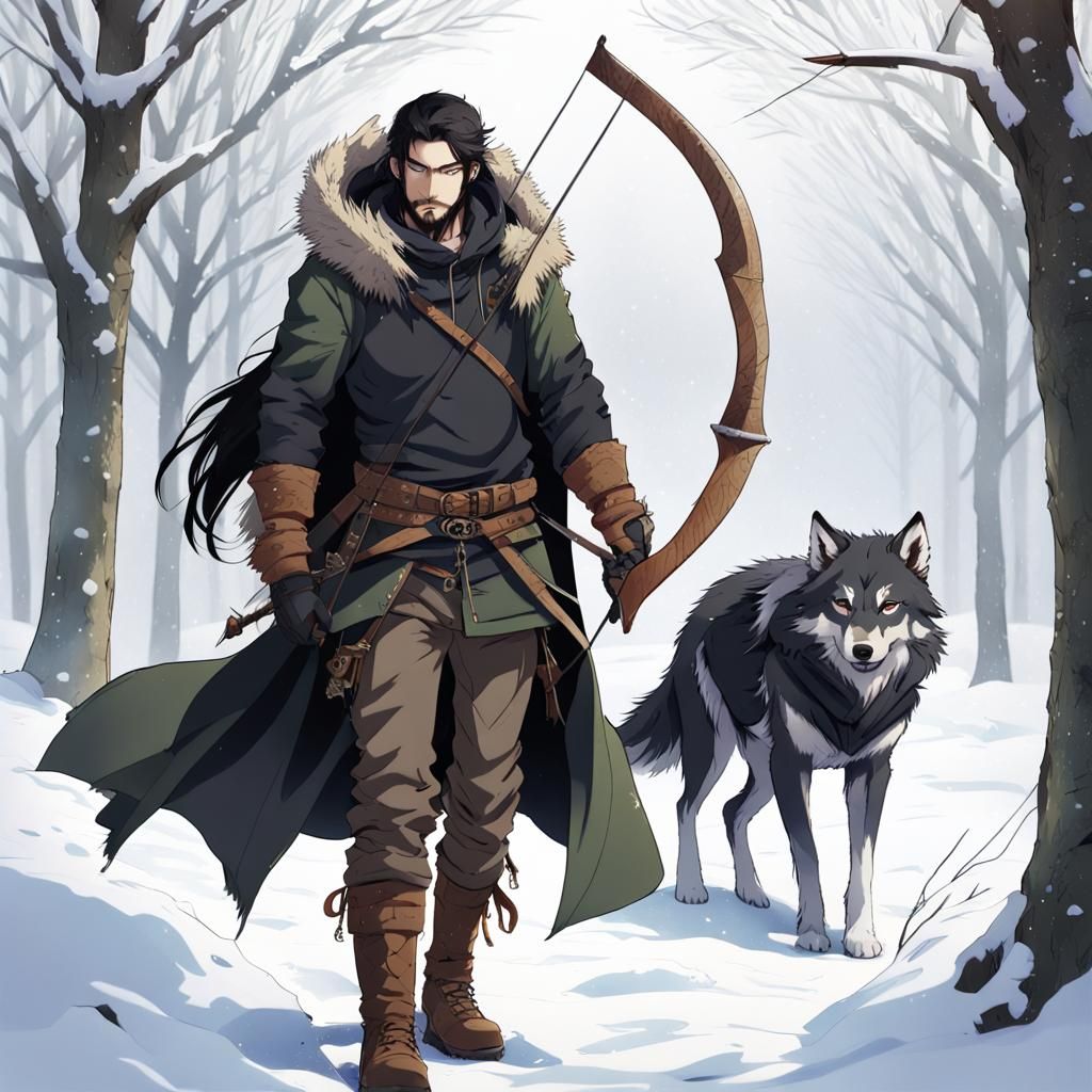 male archer, long black hair, black beard, viking hunter bow...