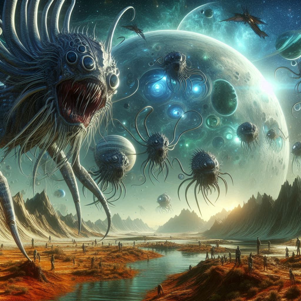 monsters of the outerspace floating Over an alien planet.