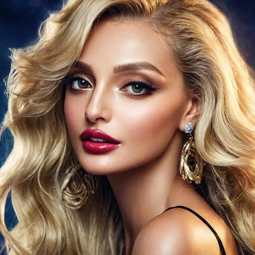 Portrait of subject blonde bombshell flowing hair beautiful makeup stunning as a Hollywood starlet wearing a detailed red gown magazine cove...